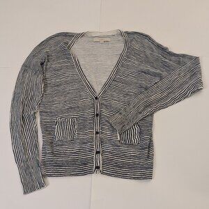 Ann Taylor Loft Drop Shoulder Deep V  Long Sleeve Blue & White Stripped Cardigan